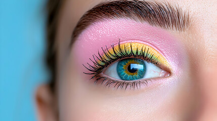 Obraz premium Close-up eye makeup, pastel pink yellow, blue background, beauty