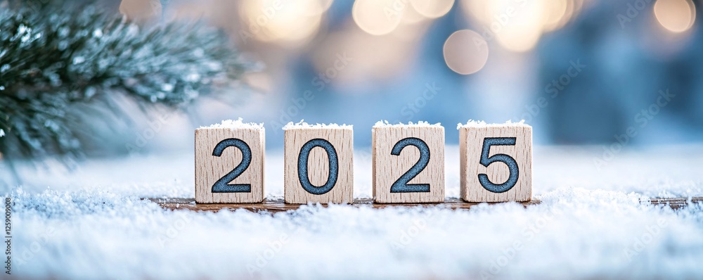 Poster 2025 written on wooden cubes covered with snow with fir tree branch and lights in background
