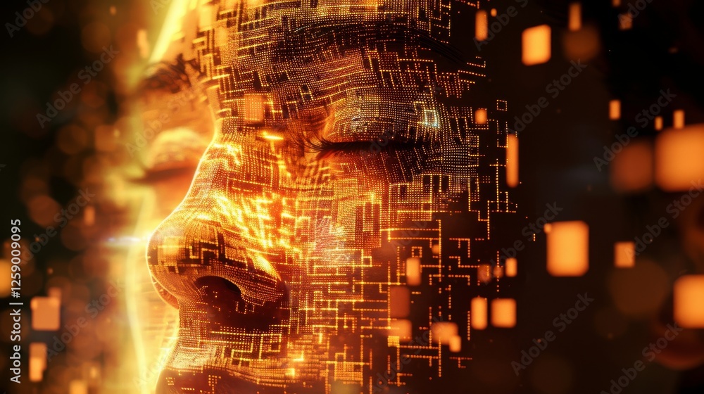 Poster futuristic rendering of a human face surrounded by glowing orange digital data streams, representing