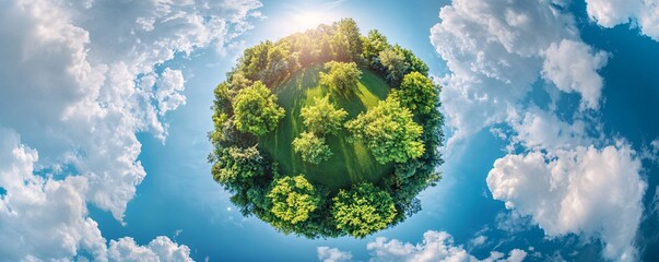 360-degree view of planet earth adorned with vibrant green foliage, trees, and vegetation under a sunny sky with fluffy white clouds