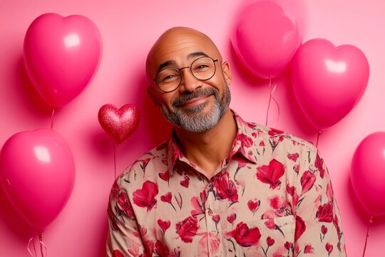 Commercial conceptual art. Valentine's day greeting from man or for man: dazzling vivid image of loving mixed-race midlife man. Love confession. Dating profile picture. Cozy romance.