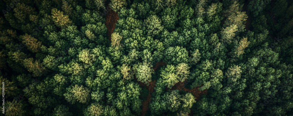 Poster drone capturing the breathtaking view of a dense forest canopy with winding trails weaving through t