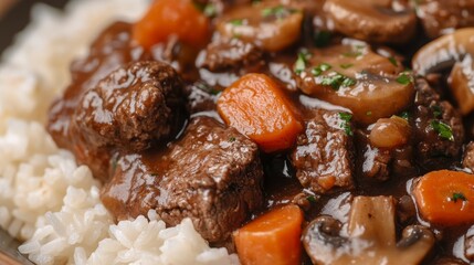 Close-up of rice with hearty beef bourguignon. Featuring beef stew in red wine with mushrooms and carrots, served over rice. Emphasizing a rich, comforting dish. Ideal for beef bourguignon recipes.