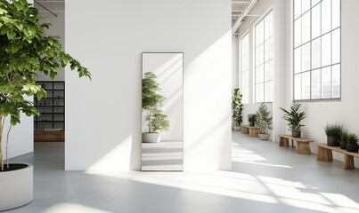 Fototapeta premium Stunning modern mirror with a slim titanium frame reflects contemporary design and sleek, minimalist elegance.