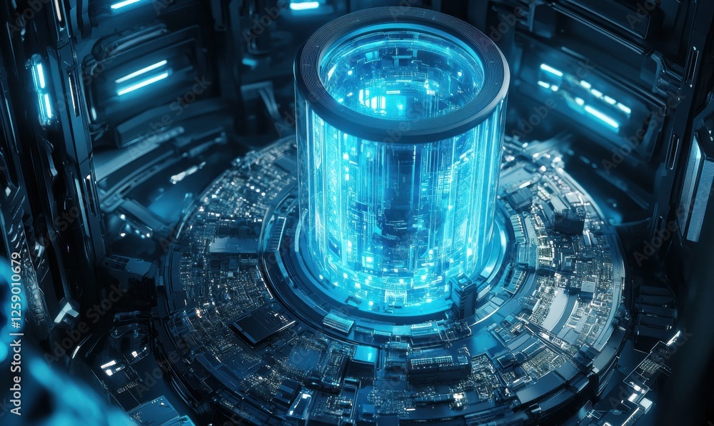Poster high-performance computer processor glowing with blue lights, surrounded by intricate, futuristic ci