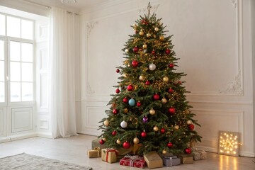 Evergreen Christmas tree with colorful ornaments and lights, evergreen tree, christmas decorations, holiday decor, festive