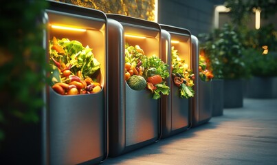 High-tech recycling bins filled with organic produce waste, glowing under warm natural light in an urban setting, symbolizing eco-innovation