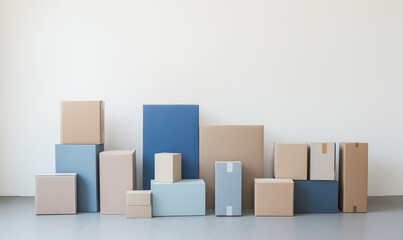 Assorted moving boxes meticulously organized against a simple backdrop evoke efficiency in professional logistics imagery