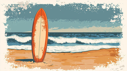 Surfboard standing on a sandy beach with ocean waves in background
