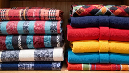 Vibrant folded flannel cloths stacked on display shelf, textile diversity