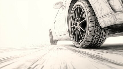 Fototapeta premium Tire rolling into view with minimalistic car outline in clean white background