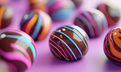 Intricately designed chocolate bonbons with glossy coatings and colorful accents, presented on a soft pastel surface.