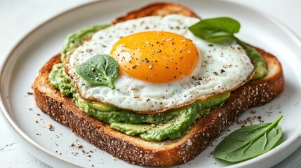 Delicious avocado toast topped with sunny-side-up egg for a cheerful breakfast treat