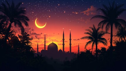 Obraz premium Majestic Mosque Silhouette at Sunset Under Starry Night