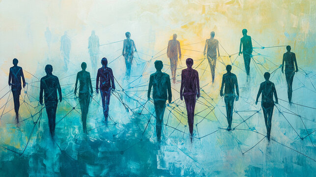 Abstract painting of interconnected people walking forward, symbolizing collaboration, community, and progress.