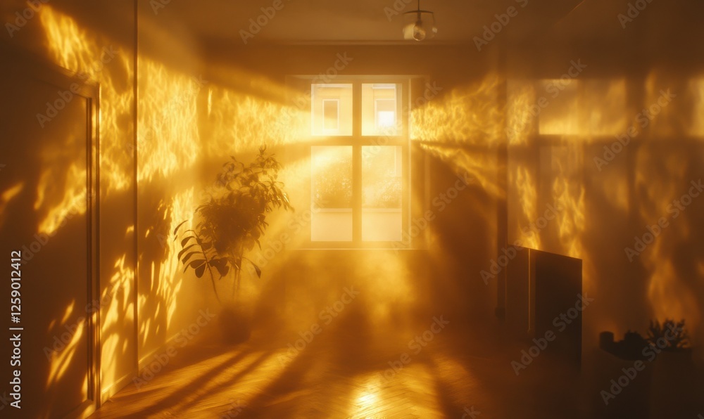 Aufkleber luminous golden mist filters through open windows into a quiet, minimalist home, casting intricate l