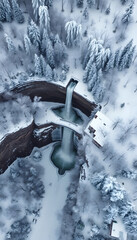 Aerial view of Lover's Leap in Elora, Ontario, covered in snow, retro style. with white shades
