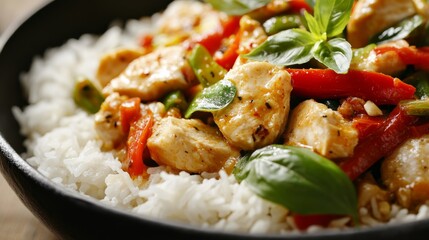 Close-up of rice with savory Thai green curry. Featuring vegetables and chicken in a spicy green curry sauce, served over rice. Emphasizing a spicy, savory dish. Ideal for Thai curry recipes.