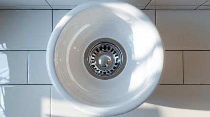 Polished chrome drain in a clean round white ceramic bathroom sink