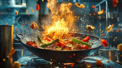 Flaming wok with stir-fry vegetables and meat.