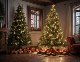 Fir Christmas tree with intricate carvings and festive decorations, intrinsic carvings, festive decorations, winter wonderland