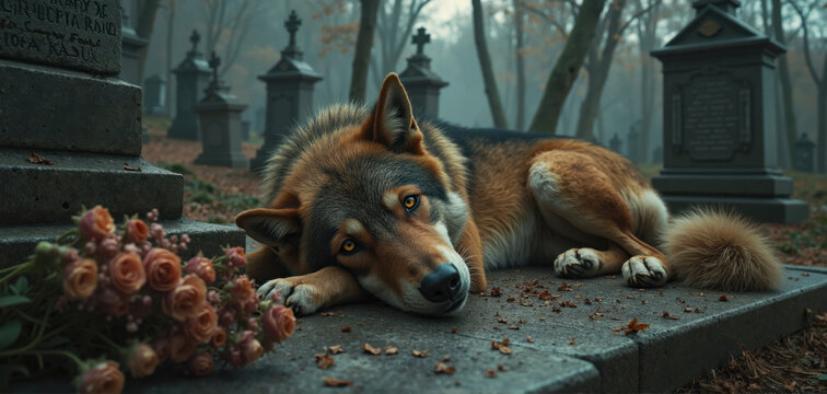 Loyal Dog Mourning in a Foggy Cemetery