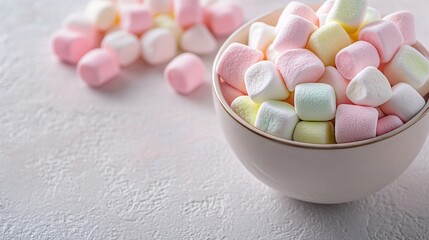 Bowl is overflowing with colorful marshmallows on a white textured background