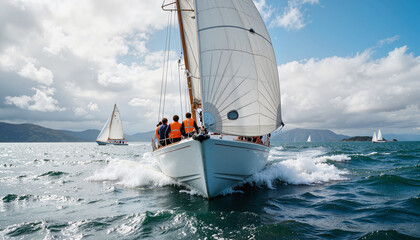 Naklejka premium Dynamic racing sailboat crew navigating choppy sea under clouds, adventure