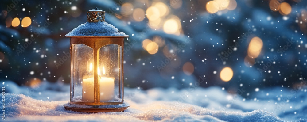 Poster illuminated lantern with a candle rests on a snowy ground with twinkling holiday lights in the backg