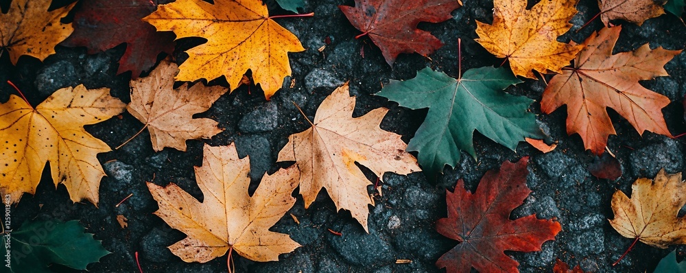 Aufkleber Carpet of fallen maple leaves in various colors creating an autumnal background