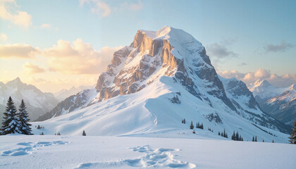 Majestic snow-capped mountain peak with golden light, serene beauty