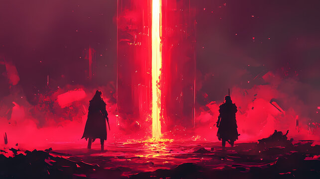 Two silhouetted figures stand before a glowing sword. Molten Rain. Illustration