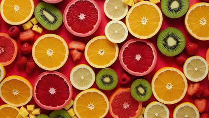 A colorful assortment of sliced fruit. Included are vibrant oranges, kiwi, grapefruit, and strawberries, creating a healthy concept