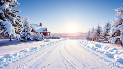 Village house, countryside covered with snow