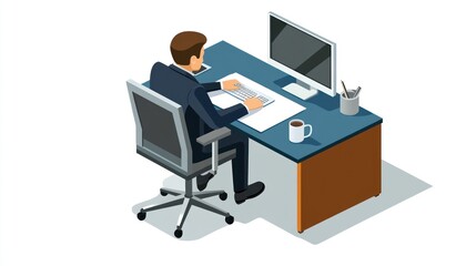 Businessman working at desk, isometric view