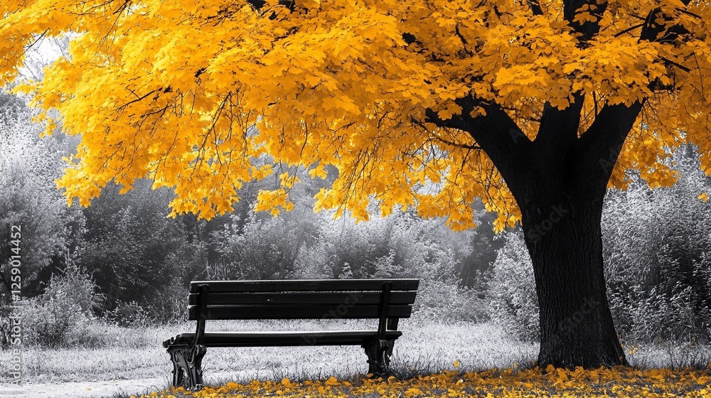 Aufkleber solitary bench sits beneath a maple tree adorned with vibrant yellow leaves in a monochromatic setti