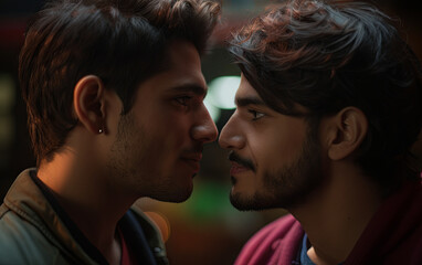 Naklejka premium Two guys standing very close to each other, looking into each other's eyes