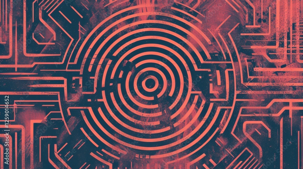 Poster abstract red concentric circles on a circuit-like futuristic background, evoking themes of technolog