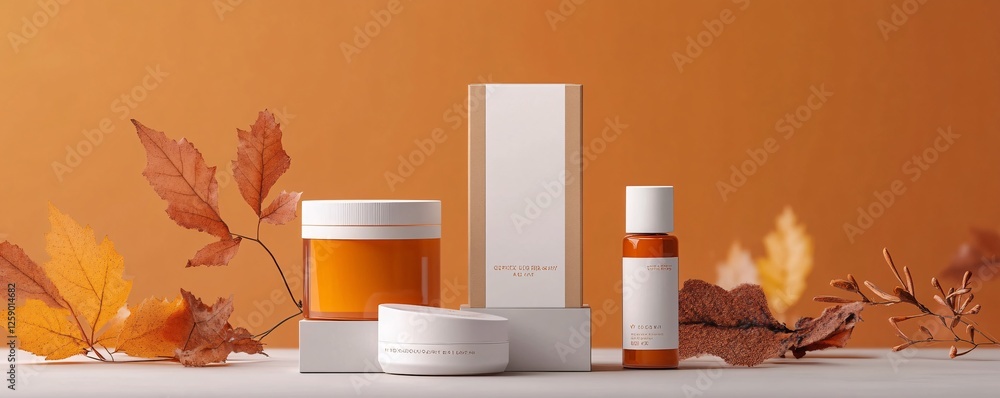 Poster skincare products displayed with fall leaves decoration creating an autumn atmosphere