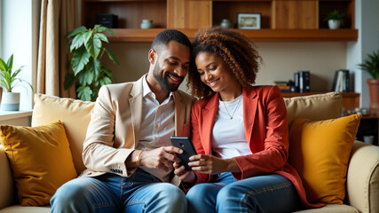 Happy African american couple relaxing together on couch with smartphone at home