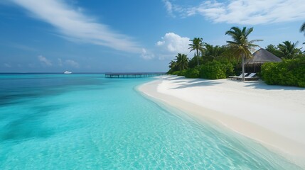 Maldives Paradise: Dreamy White Sands, Sparkling Turquoise Waters, and Majestic Palm-Lined Coastlines Await Tranquility Seekers.Generative AI