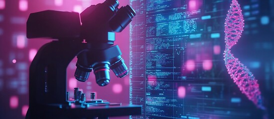 Close-up of a microscope analyzing DNA strands in a vibrant lab with digital data display