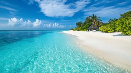 Fototapeta premium Turquoise Bliss in the Maldives: Pristine Sandy Shores Surrounded by Lush Palm Trees, Overlooking Boundless Ocean Views.Generative AI