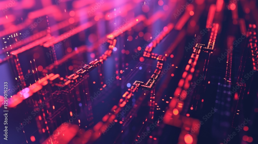 Poster close-up view of digital pathways in a glowing red, forming a futuristic grid. this abstract image c