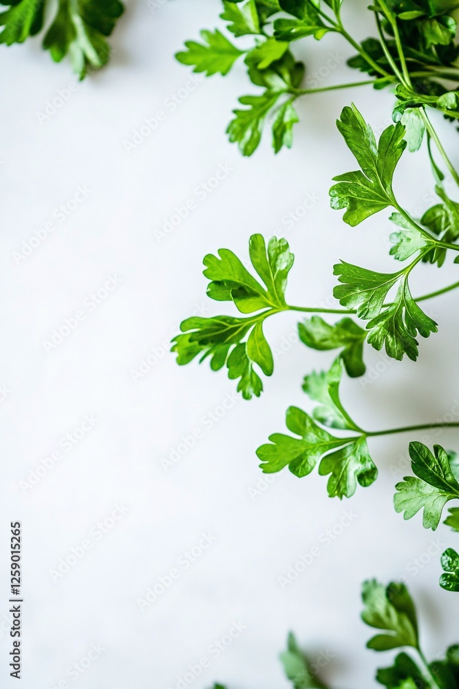 Poster Fresh green parsley leaves lying on a white background creating a frame with copy space