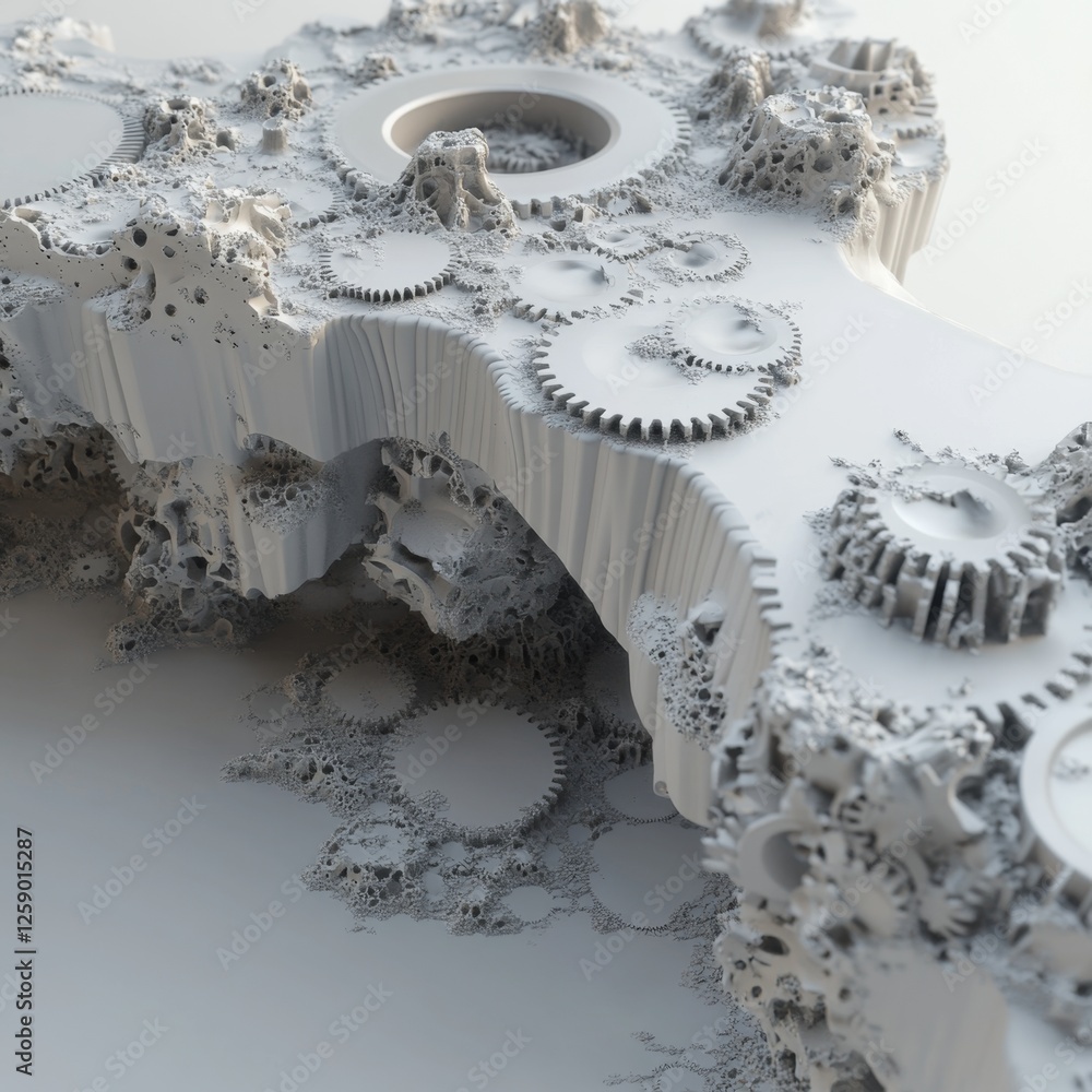 Poster abstract sculpted gearscape; intricate white fractal form; detailed mechanical structure in studio