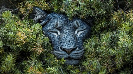 Fototapeta premium Sleeping lion hidden in bushes, wildlife sanctuary, peaceful nature scene