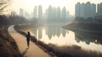 Obraz premium A woman jogging along a riverbank, the city skyline visible in the distance. The morning light creates soft shadows as she moves, with space for a message about health and city life