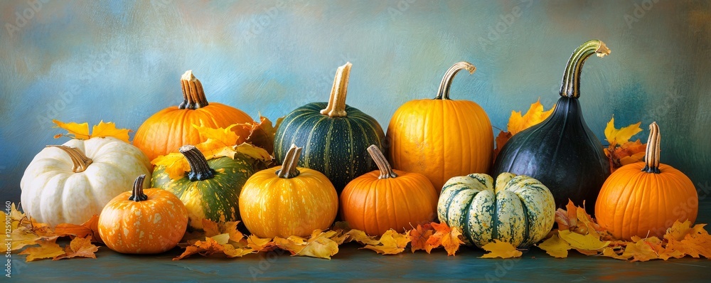 Aufkleber display of pumpkins and gourds on a rustic blue table adorned with autumn leaves, setting a cozy and