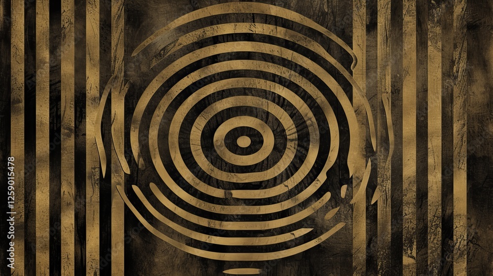 Aufkleber A visually striking abstract artwork with a bold circular pattern set against a textured dark background, complemented by striped elements for a dynamic composition. AI generated.